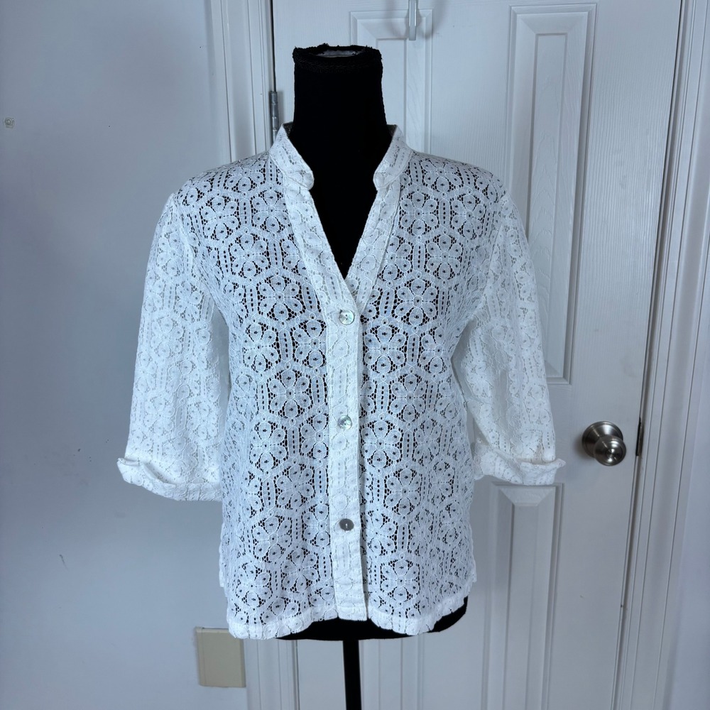 Ruby Rd Favorites White Floral Lace Button Front Top 3/4 Sleeve Petite‎ 10P